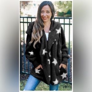 star fleece relaxed fit oversided jacket hooded front pockets draped fit